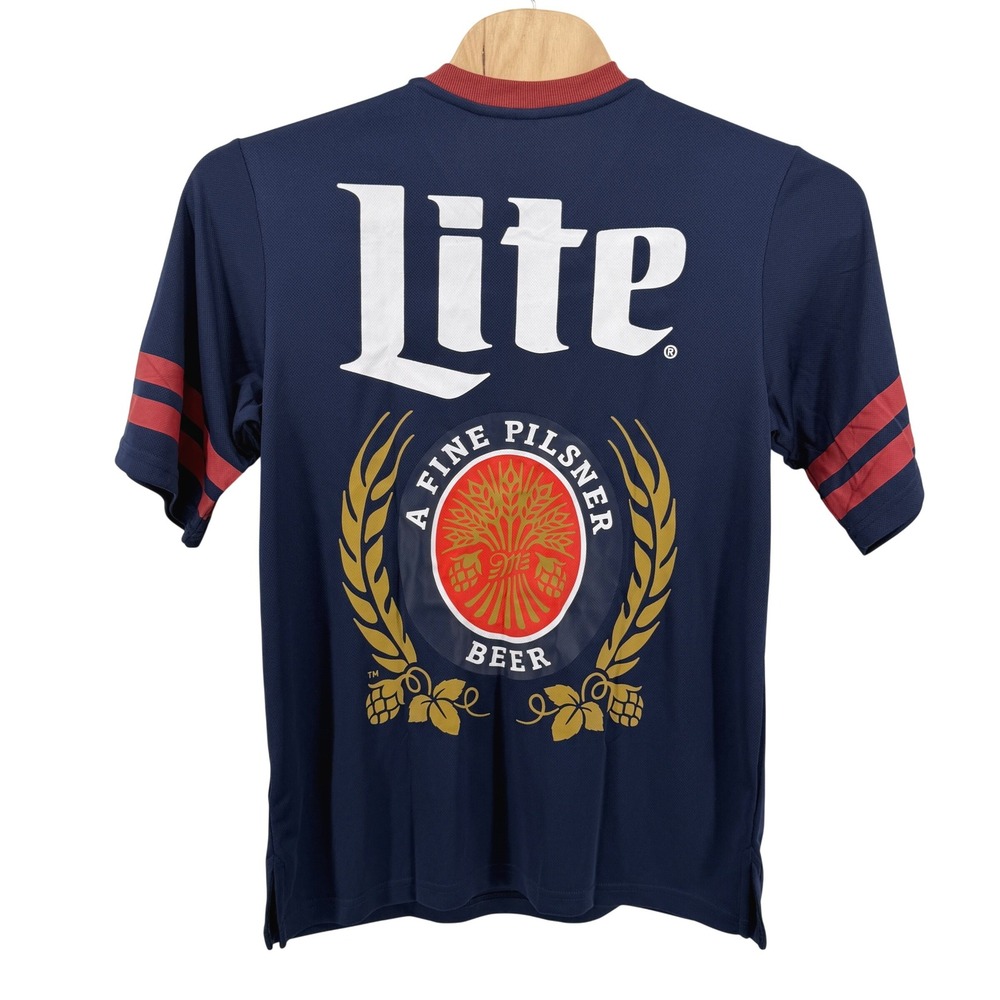 NEW Miller Lite Football Jersey Mens Medium Jersey Navy Blue Red 75 Graphic Mesh
